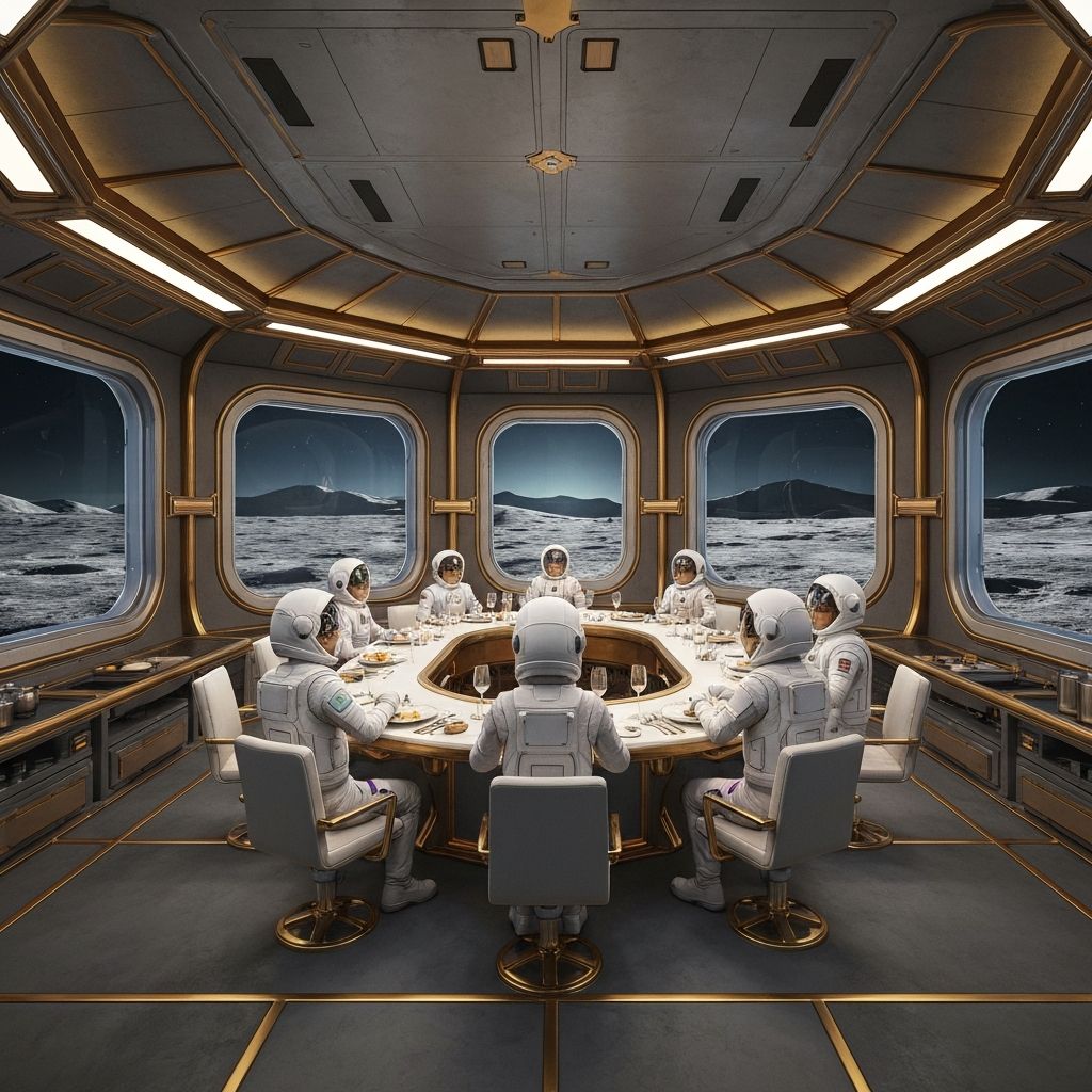 TerraDome lunar dining habitat with astronauts sharing a meal